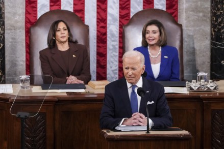President Joe Biden delivers his first State of the Union address to a joint session of Congress on Capitol Hill in Washington as as Vice President Kamala Harris and Speaker of the House Nancy Pelosi of California watches the State of the Union, Washington, USA - March 01, 2022